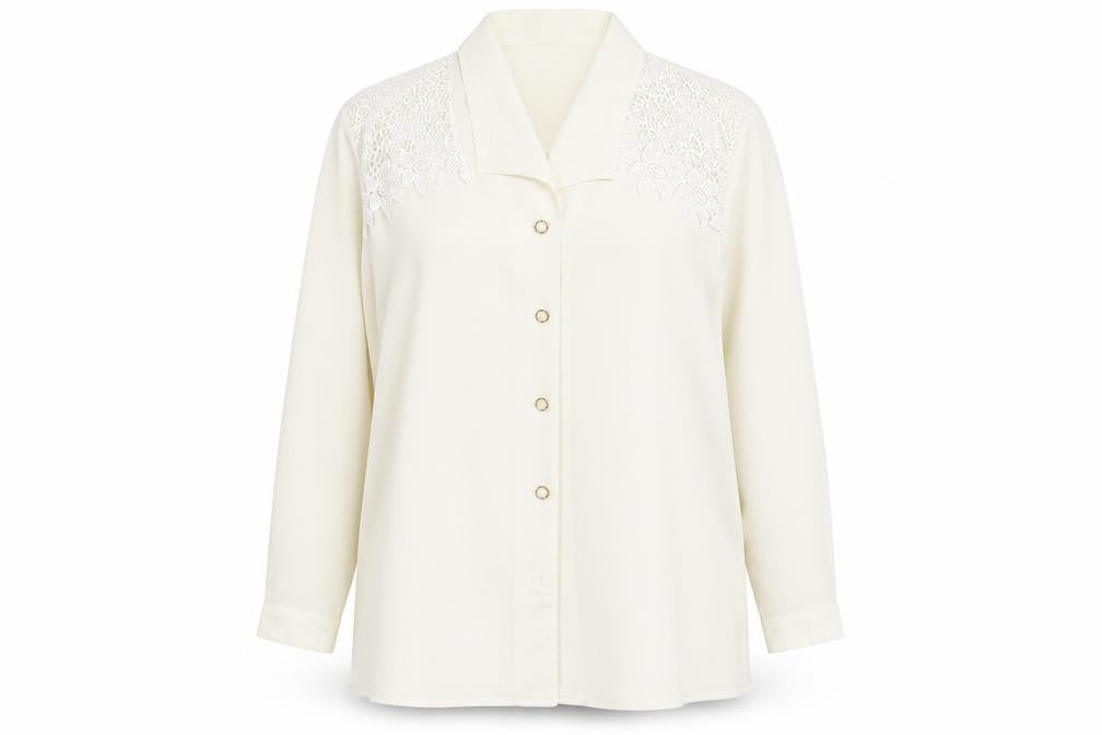 Front view of The Pearl Collection women’s ivory polyester basic button-up, size UK 18, collared - lace detail