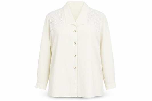 Front view of The Pearl Collection women’s ivory polyester basic button-up, size UK 18, collared - lace detail