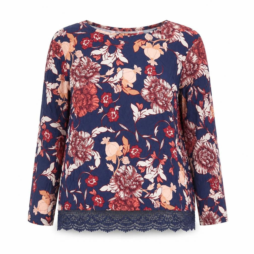 Dorothy Perkins Womens Blue Floral Viscose Basic Blouse Size 14 Round Neck - Crochet Trim