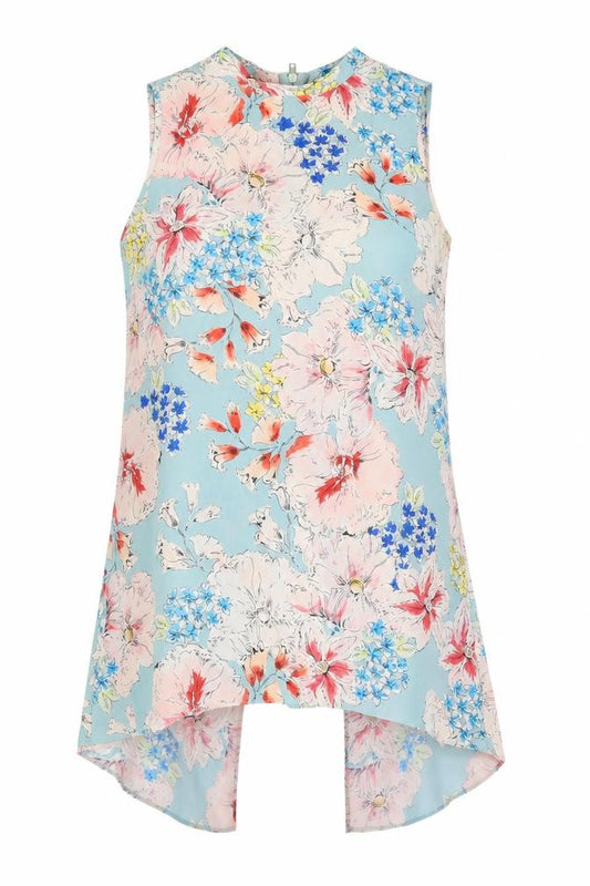 Front view of Primark women’s multicoloured floral polyester tunic blouse, size UK 8, mock neck - back slit
