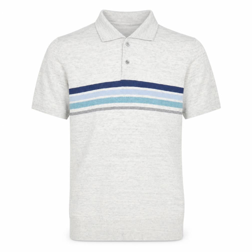 Front view of Marks & Spencer men’s grey collared striped cotton jumper, size S