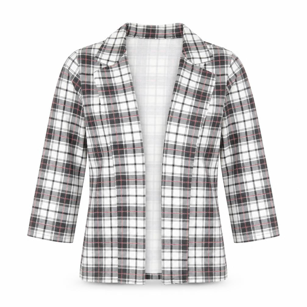 Front view of Lasula women’s black plaid jacket blazer, size UK 8