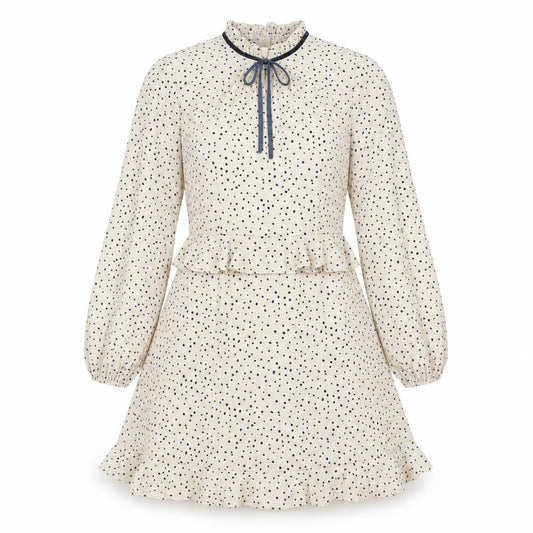 Front view of Nasty Gal women’s ivory polka dot polyester fit & flare, size UK 10, mock neck zip