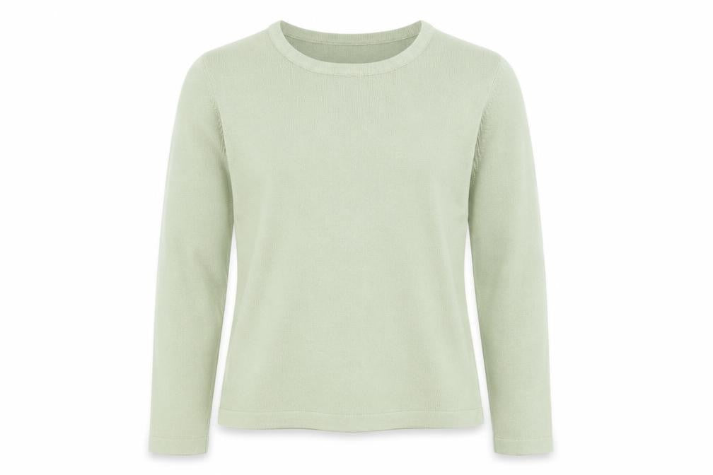 Front view of JDV women’s green round neck acrylic jumper, size UK 12
