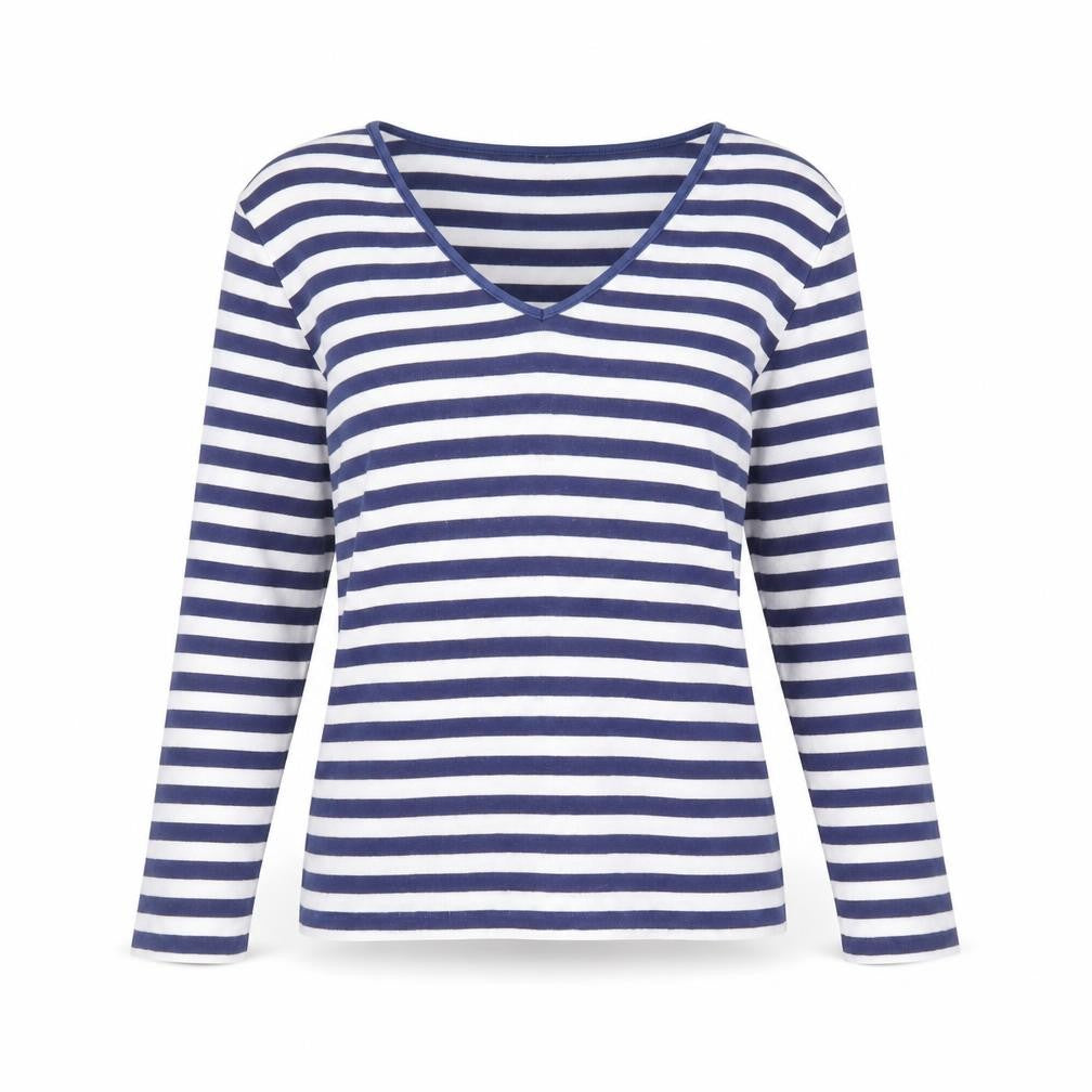 Front view of Simon women’s blue striped polyester basic t-shirt, size S, v-neck