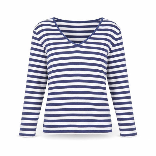 Front view of Simon women’s blue striped polyester basic t-shirt, size S, v-neck