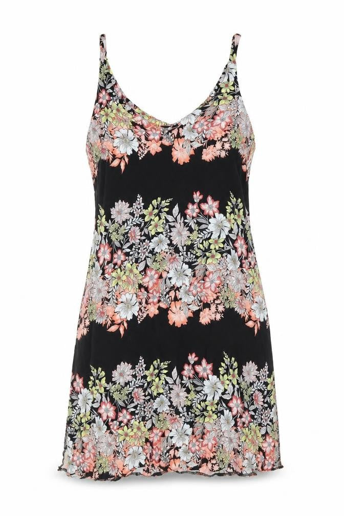 Front view of F&F women’s black floral viscose mini, size UK 6, v-neck pullover