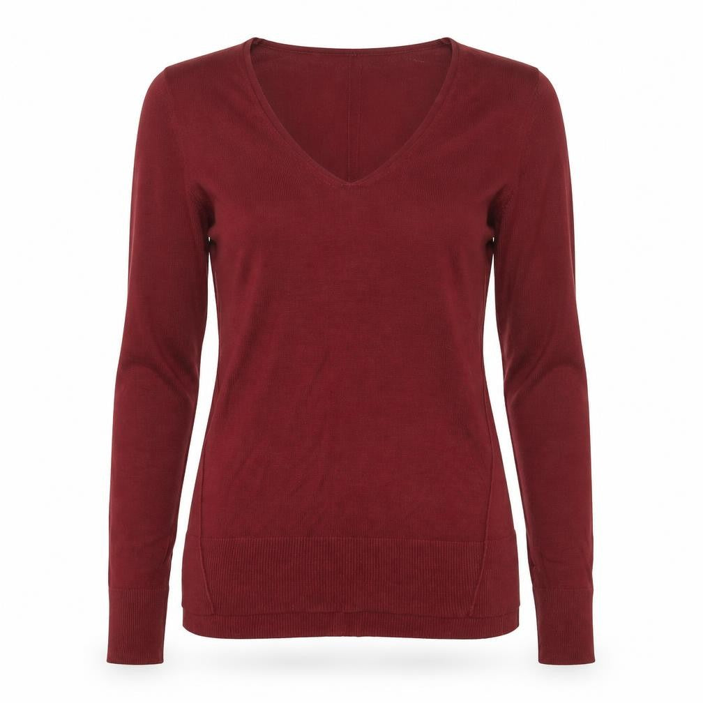 Front view of Next women’s red v-neck viscose jumper, size UK 10