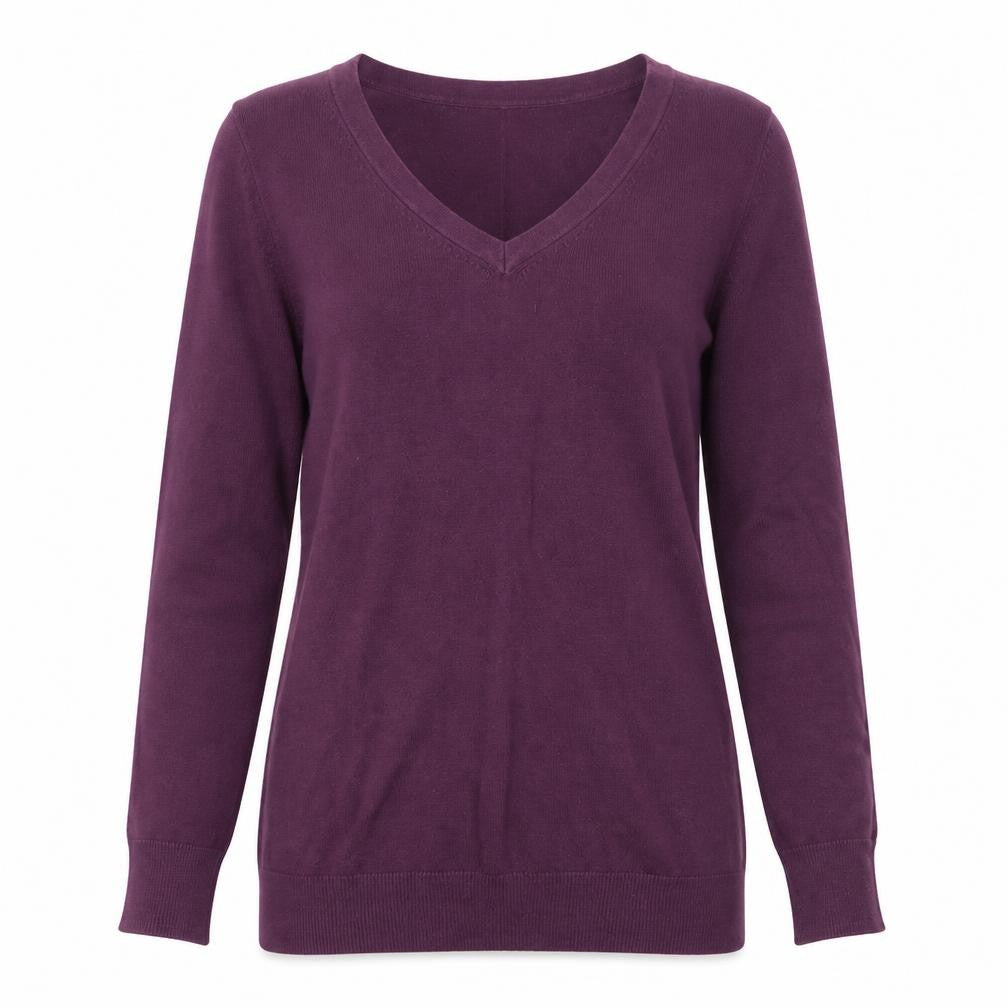 Front view of H&M women’s purple v-neck cotton jumper, size S