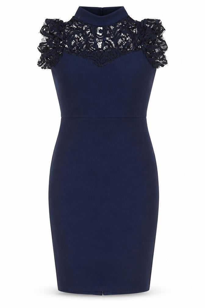 Front view of Quiz women’s blue polyester mini, size UK 8, high neck button - lace detail