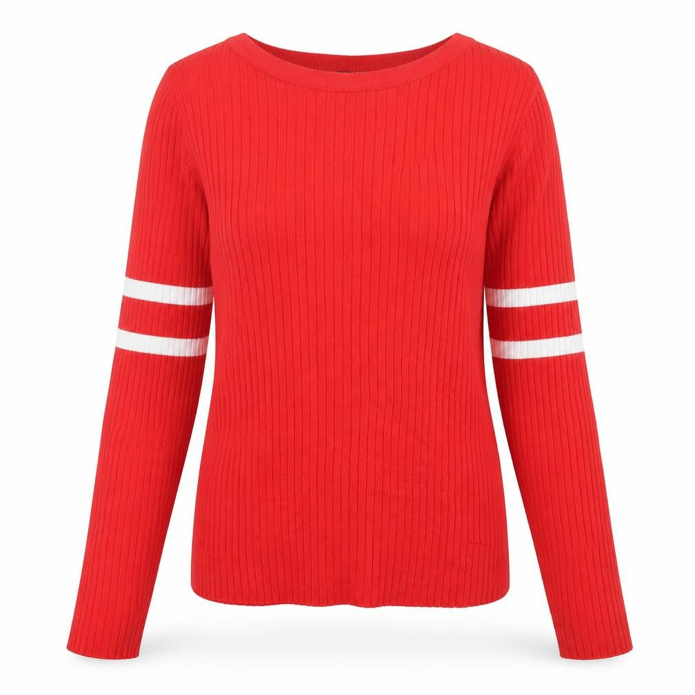 Front view of H&M women’s red crew neck acrylic jumper, size S