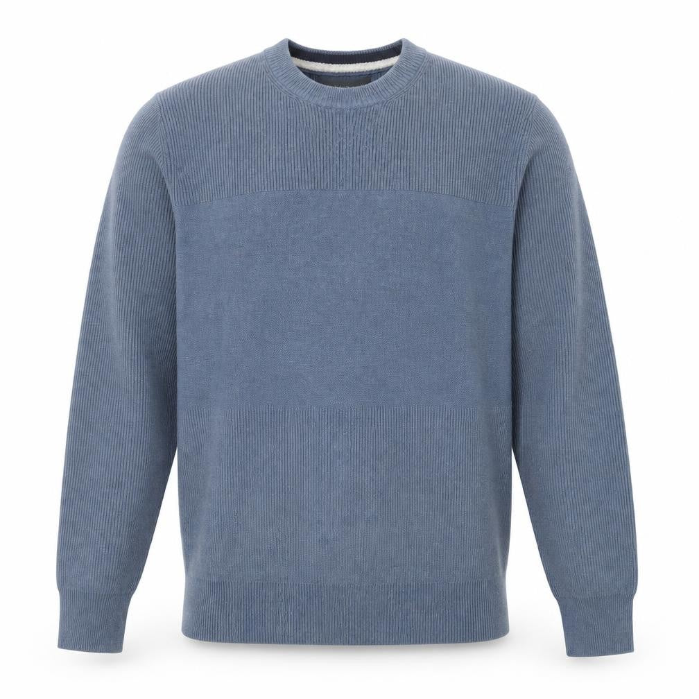 Front view of Marks & Spencer men’s blue crew neck polyester jumper, size M