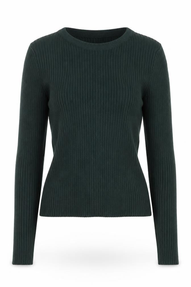 Front view of H&M women’s green crew neck acrylic jumper, size S