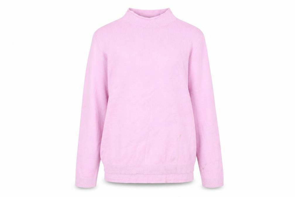 Front view of Marks & Spencer women’s purple high neck viscose jumper, size UK 10