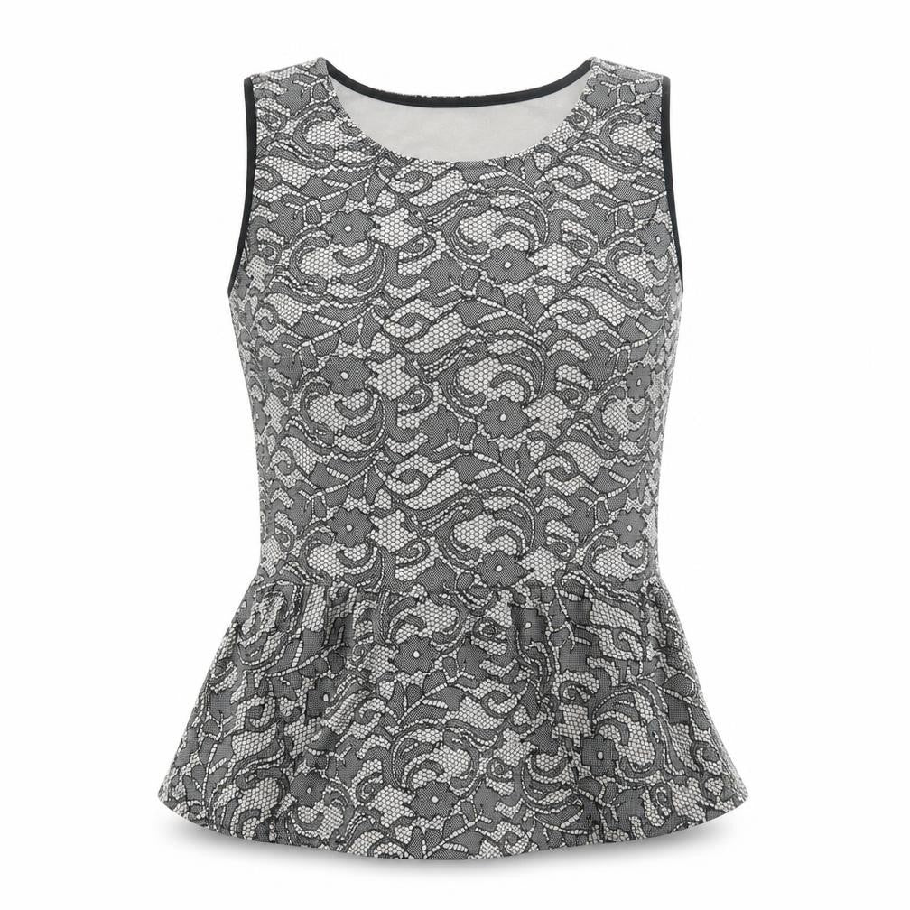 Front view of Bloose women’s black floral polyester basic tank, size UK 12, round neck