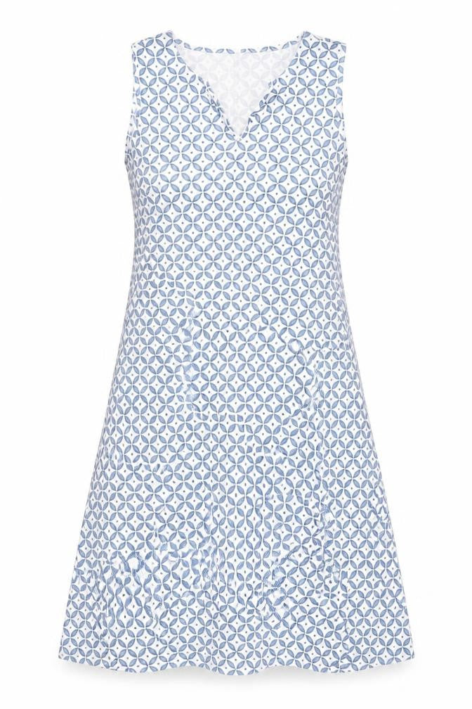Front view of women’s blue geometric polyester a-line, size M, v-neck pullover