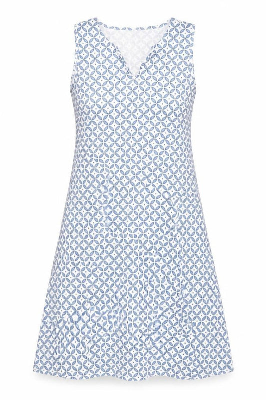 Front view of women’s blue geometric polyester a-line, size M, v-neck pullover