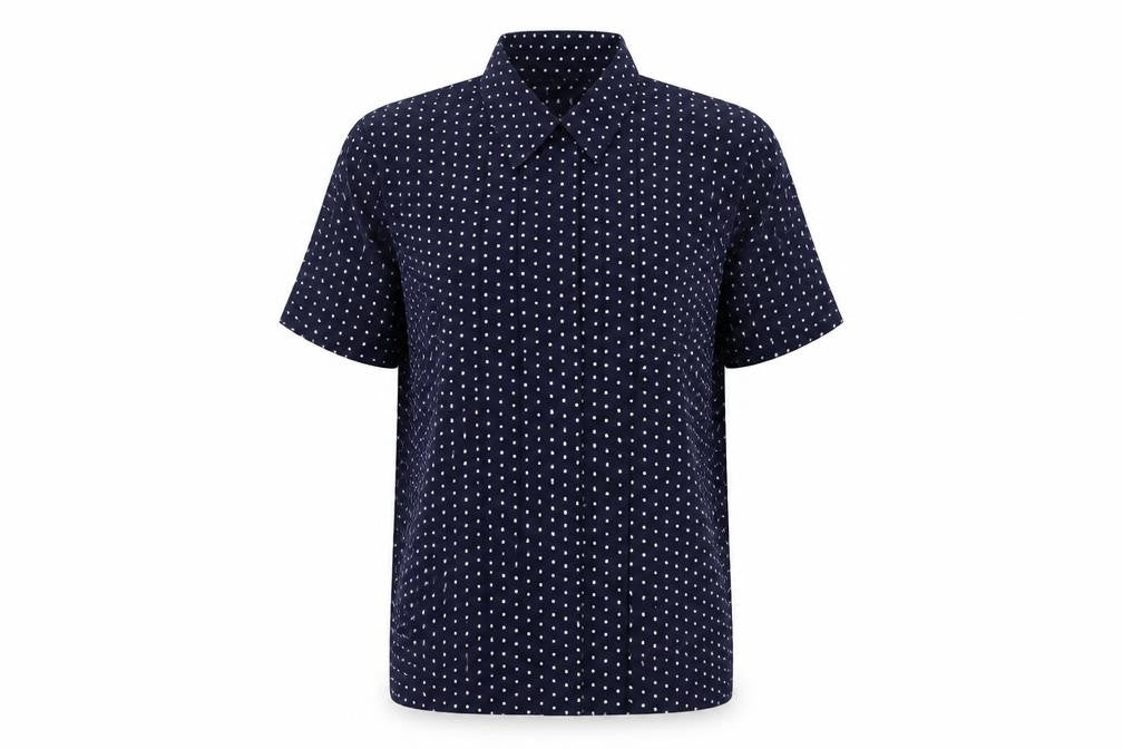 Front view of Principles women’s blue polka dot polyester basic button-up, size UK 12, collared
