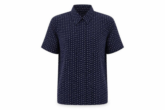 Front view of Principles women’s blue polka dot polyester basic button-up, size UK 12, collared