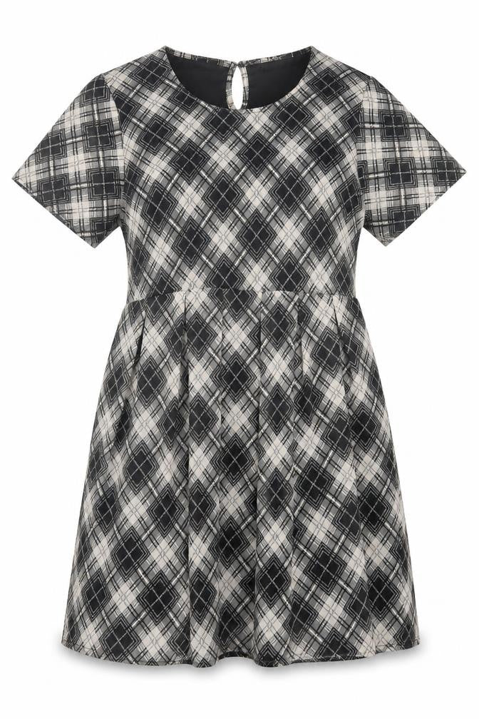 Front view of Boohoo women’s grey plaid polyester a-line, size UK 12, crew neck button