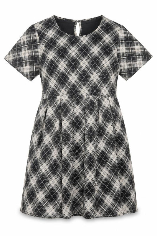 Front view of Boohoo women’s grey plaid polyester a-line, size UK 12, crew neck button