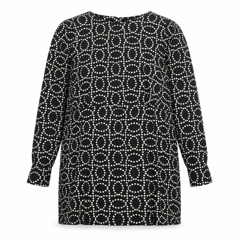 Front view of H&M women’s black geometric viscose a-line, size UK 14, crew neck button - shoulder pads