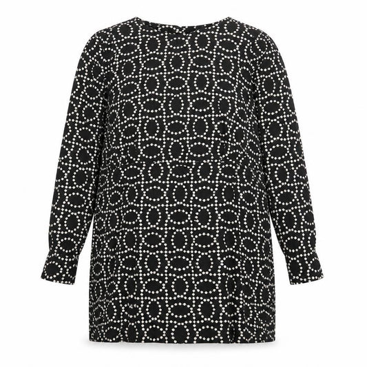 Front view of H&M women’s black geometric viscose a-line, size UK 14, crew neck button - shoulder pads