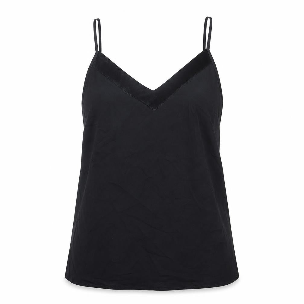 Front view of Marks & Spencer women’s black polyester basic tank, size UK 12, v-neck