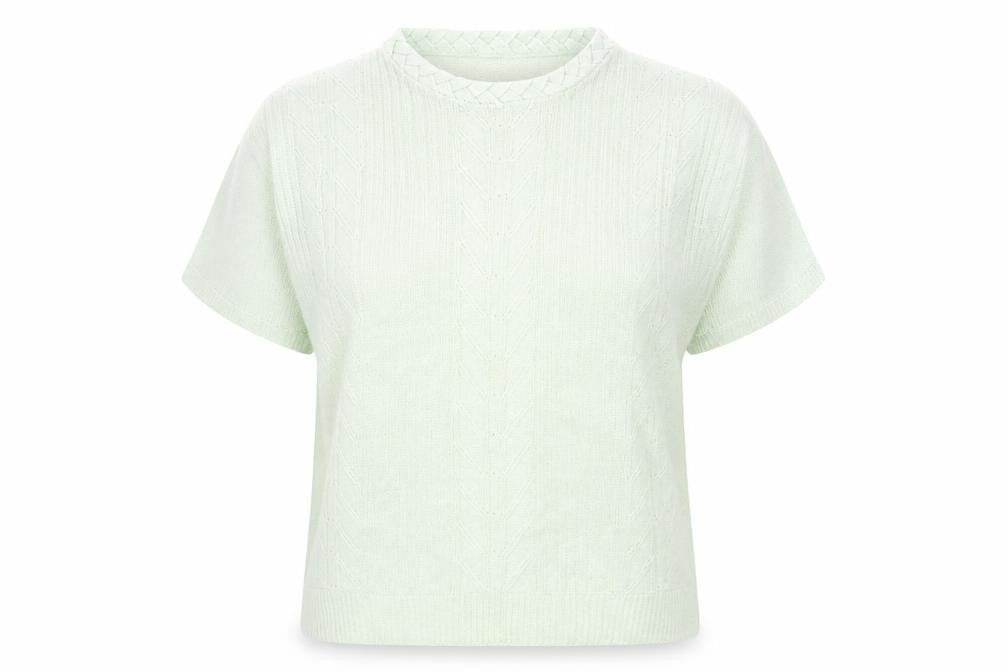 Front view of Akal women’s green round neck acrylic jumper, size L