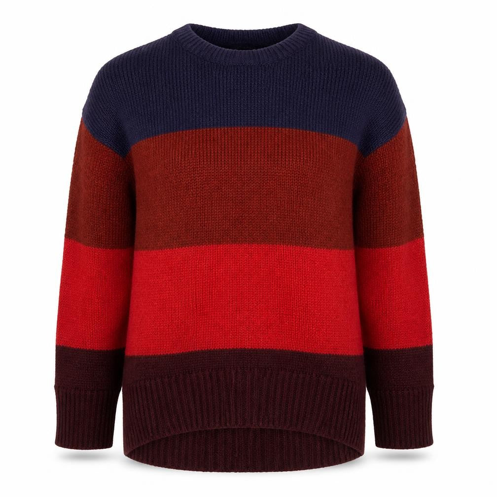 Front view of New Look women’s multicoloured round neck acrylic jumper, size S, - colour block.