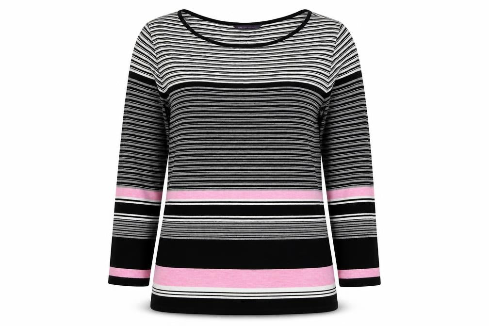 Front view of Marks & Spencer women’s multicoloured striped viscose basic blouse, size UK 8, round neck