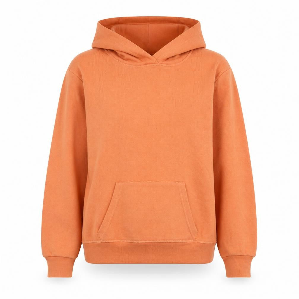Front view of Primark women’s orange polyester pullover hoodie, size UK 4, pullover