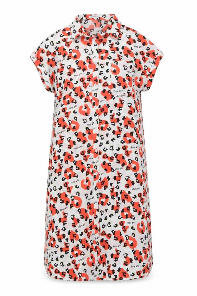 Front view of NB Avenue women’s red animal print polyester shirt dress, size L, collared button - leopard pattern