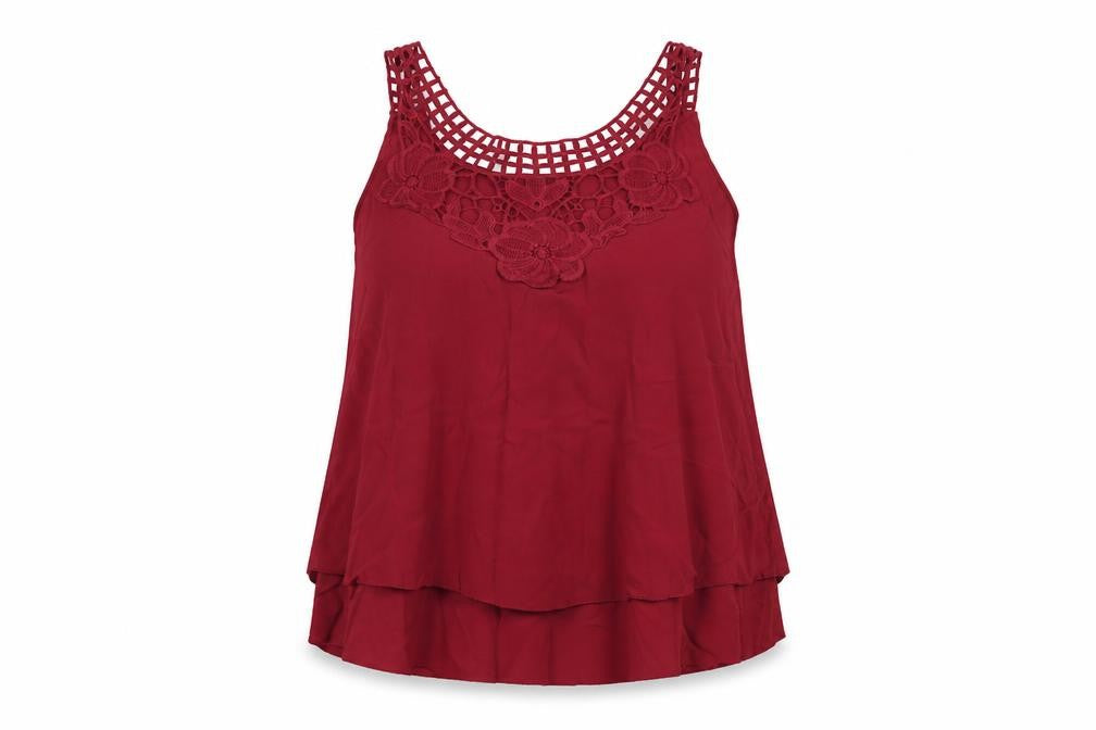 Front view of Preworn women’s red viscose basic tank, size M, round neck - lace neckline