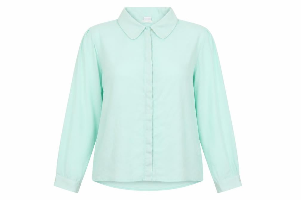 Front view of Cooperative women’s green polyester basic button-up, size L, collared