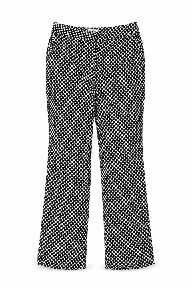 Front view of Feather & Bone women’s black polka dot viscose trousers, size S, 29-inch leg regular button