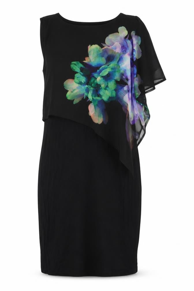 Front view of Oasis women’s black floral polyester bodycon, size S, round neck pullover