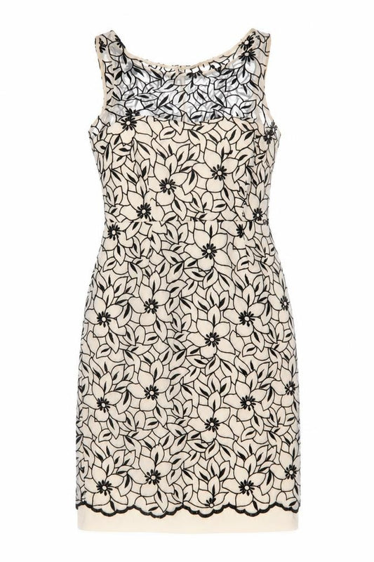 Front view of M&Co women’s beige floral polyester a-line, size UK 10, round neck zip