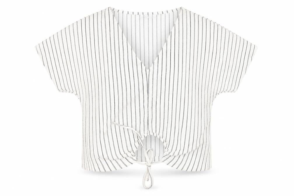 Front view of Zara women’s white striped polyester basic blouse, size M, v-neck
