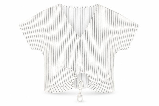 Front view of Zara women’s white striped polyester basic blouse, size M, v-neck
