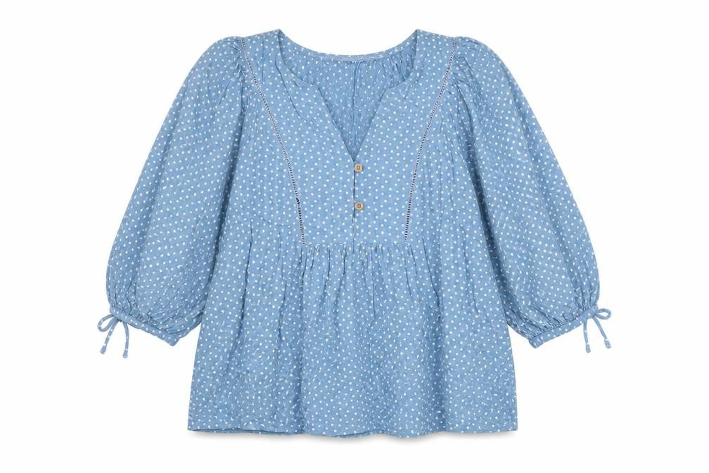 Front view of Next women’s blue polka dot viscose basic blouse, size UK 8, v-neck