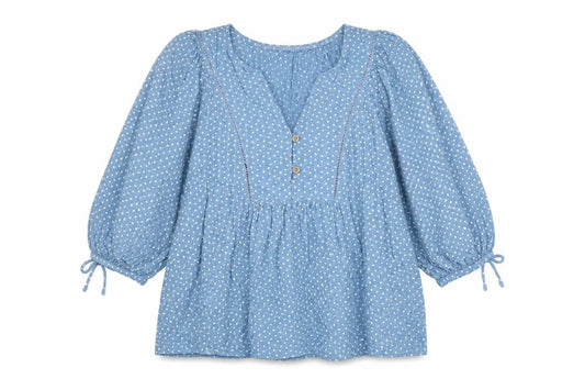 Front view of Next women’s blue polka dot viscose basic blouse, size UK 8, v-neck