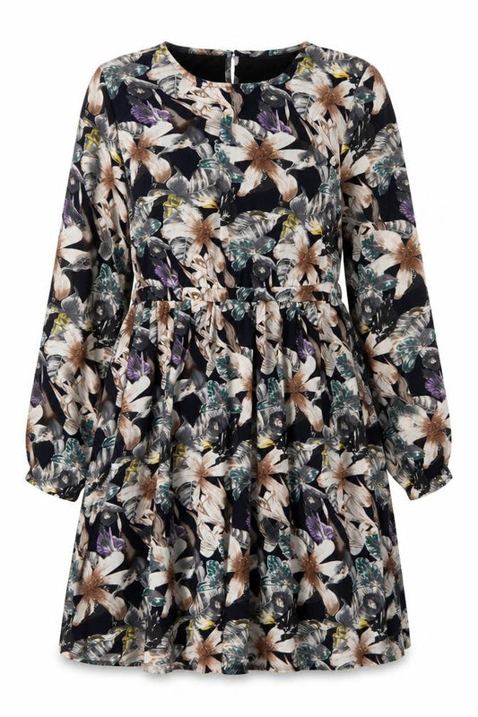 Front view of Mela London women’s multicoloured floral polyester a-line, size UK 16, round neck pullover
