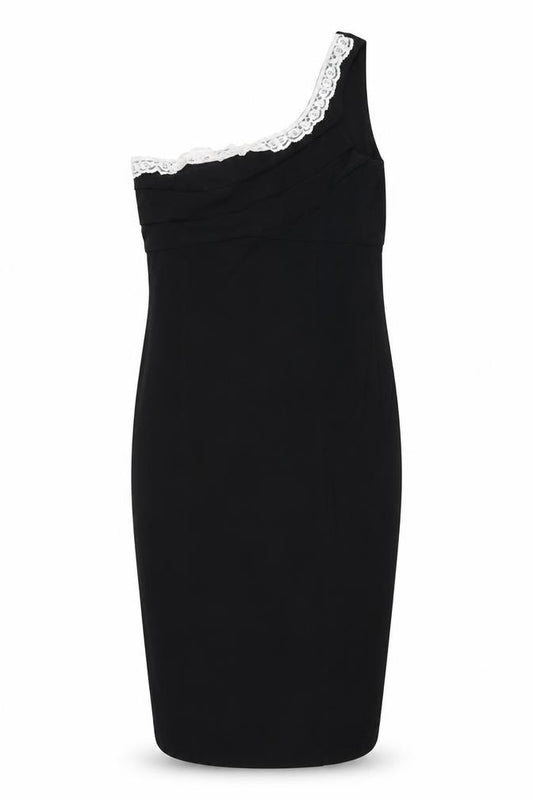 Front view of West One women’s black viscose bodycon, size UK 10, one shoulder pullover - lace detail