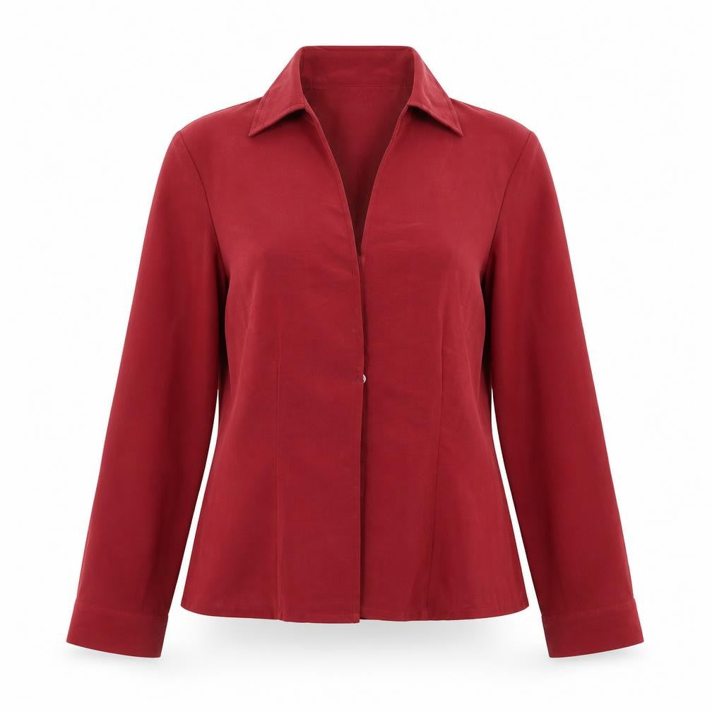 Front view of Minosa women’s red polyester basic button-up, size UK 12, collared