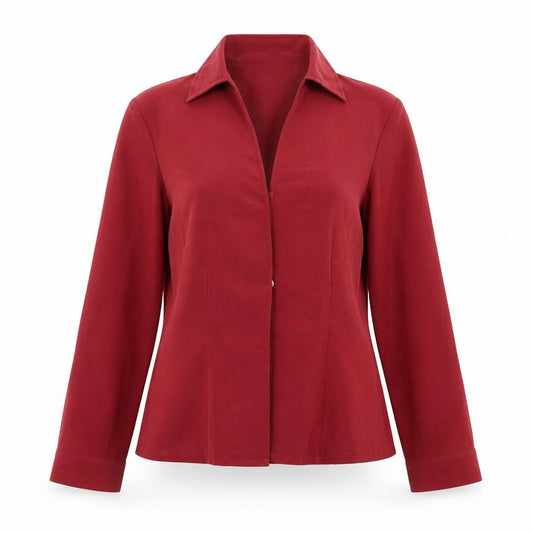 Front view of Minosa women’s red polyester basic button-up, size UK 12, collared