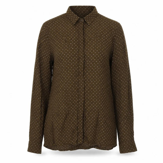 Front view of New Look women’s brown polka dot polyester basic button-up, size UK 10, collared