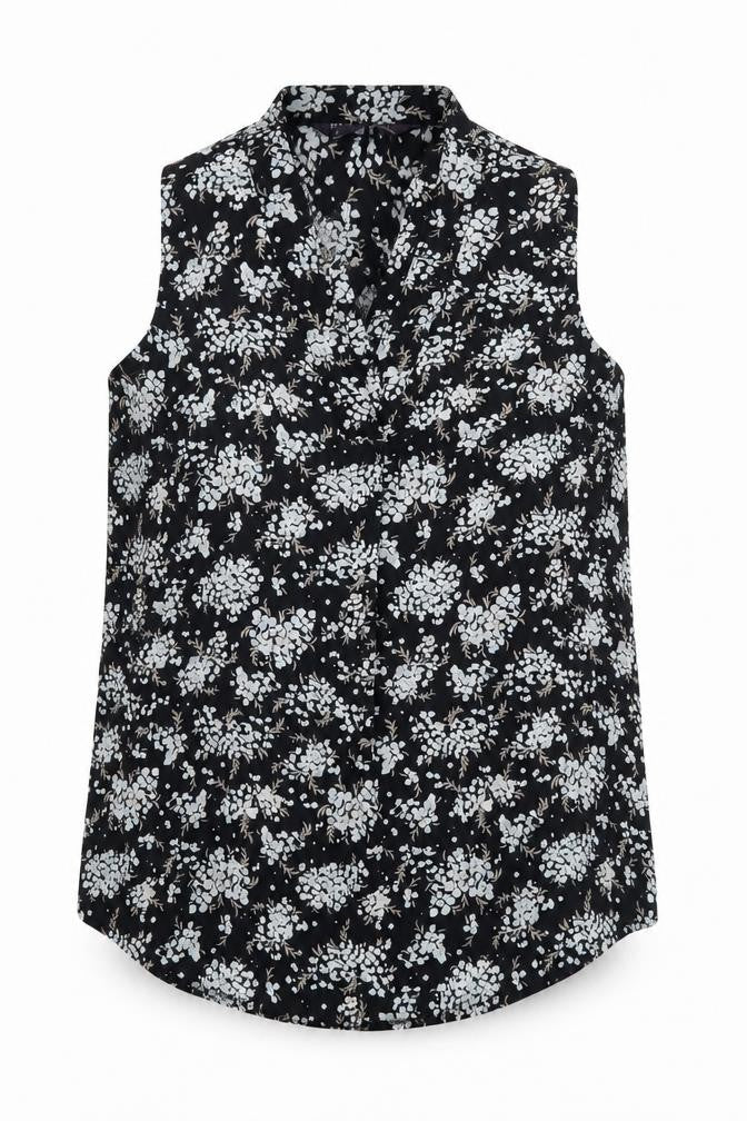 Front view of Marks & Spencer women’s black floral polyester basic blouse, size UK 8, v-neck