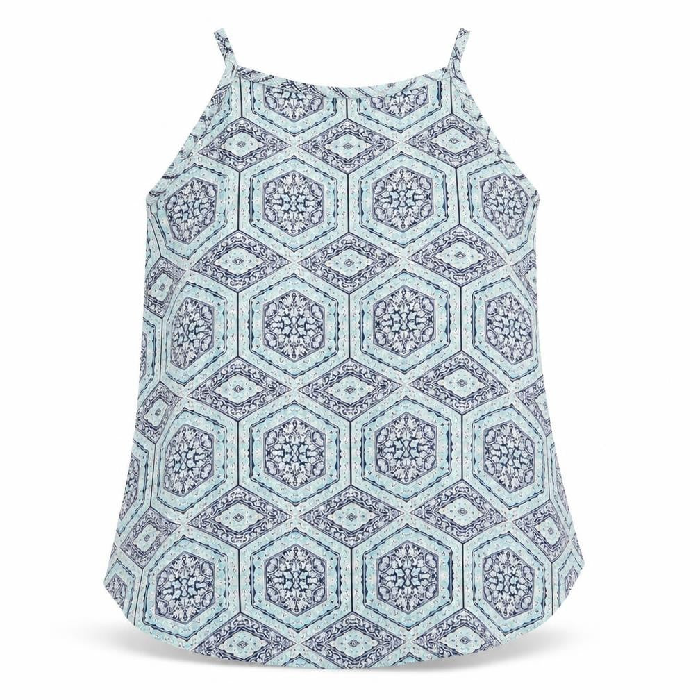 Front view of Apricot women’s blue geometric polyester basic blouse, size UK 10, round neck