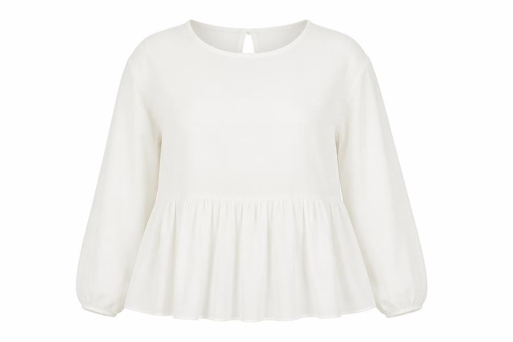 Front view of Made in Italy women’s white polyester basic blouse, size UK 12, round neck